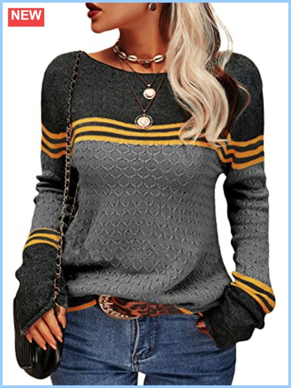 Women's Lightweight Colorblock Striped Crewneck Pullover Sweater Slim Fit Fall